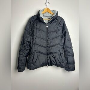 VTG Y2K Nike Puffer Duck Down Jacket Size XL Center Whoosh Black Womens Comfy